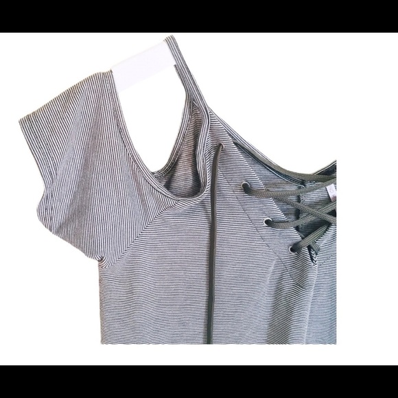 POOF! (Nordstrom) Cold Shoulder Mini Dress With Lace Up Detail Grey Stripe Large - Picture 6 of 13